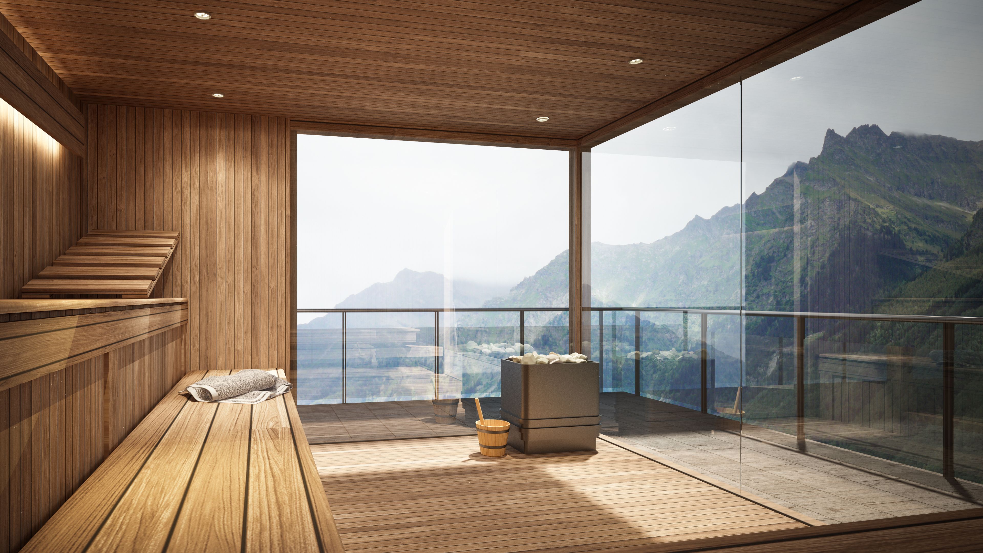 Sauna mit großen Fenster und Ausblick auf eine Berglandschaft