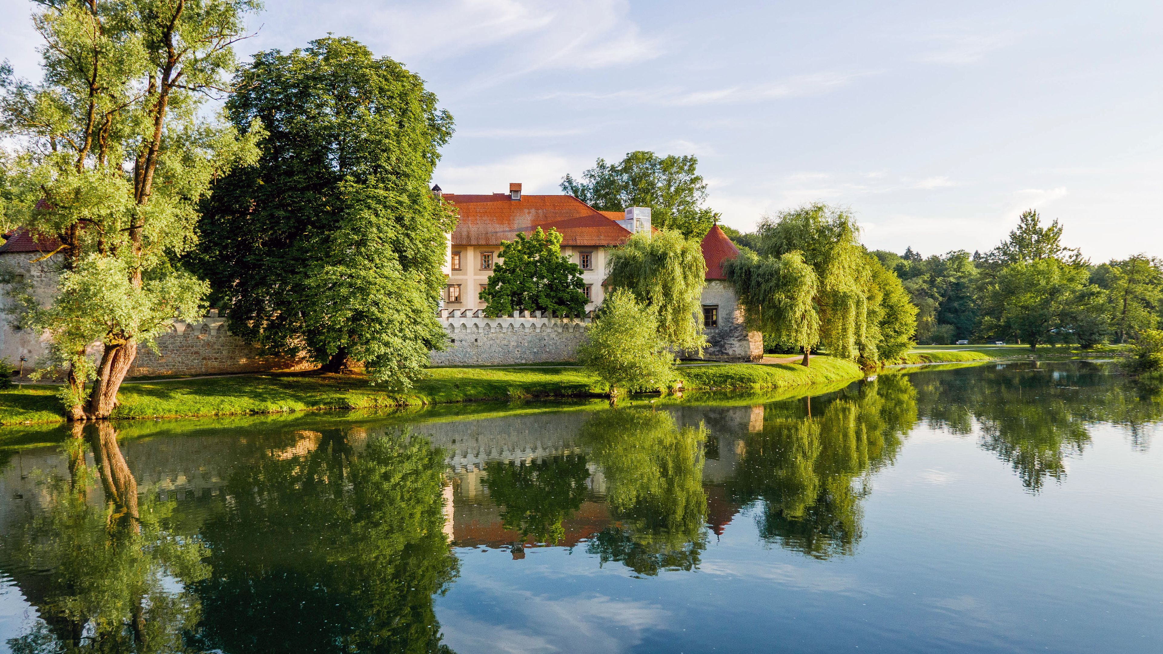 Altes Schloss in grüner Natur am Fluss