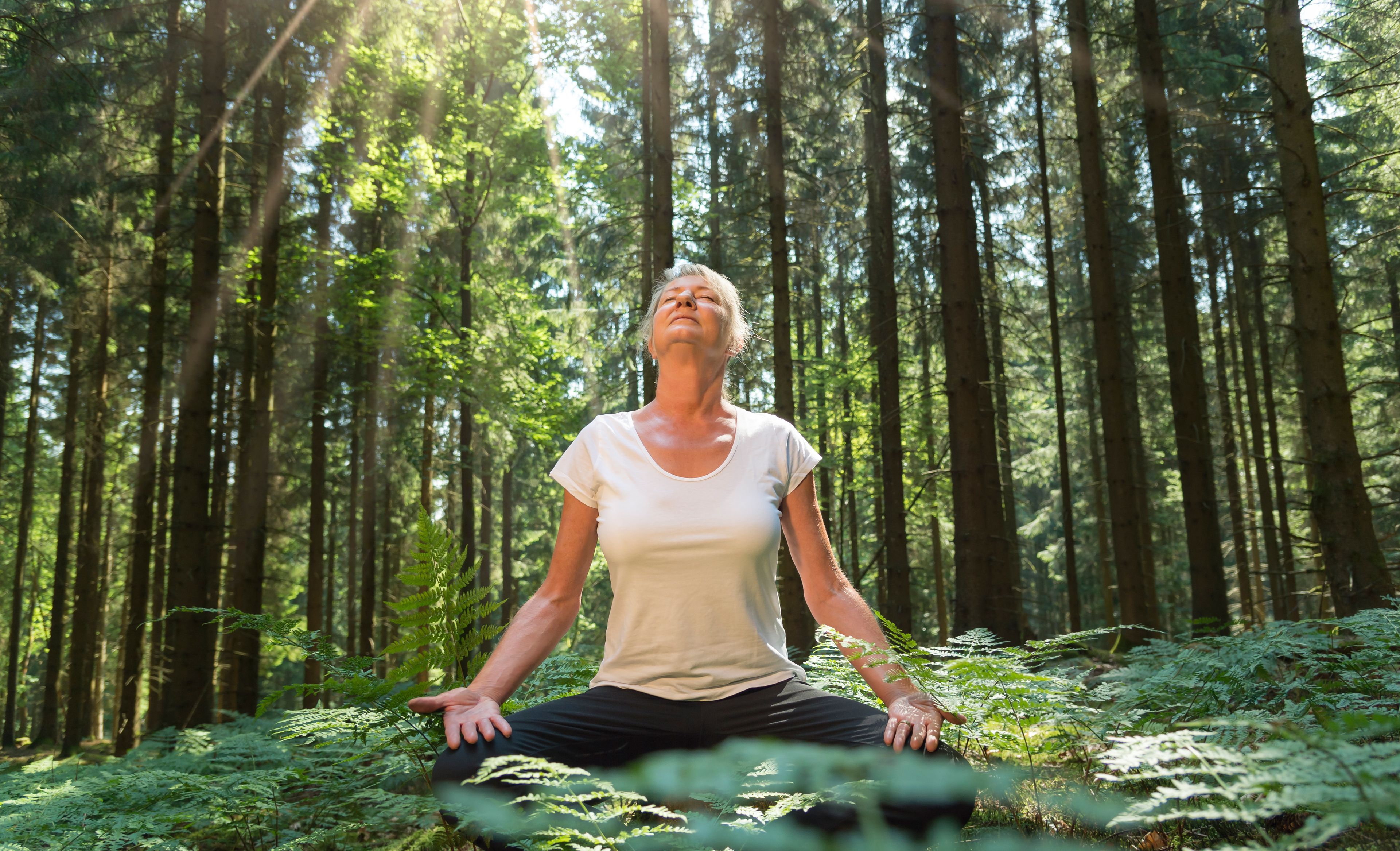 Frau meditiert im Wald im Sauerland