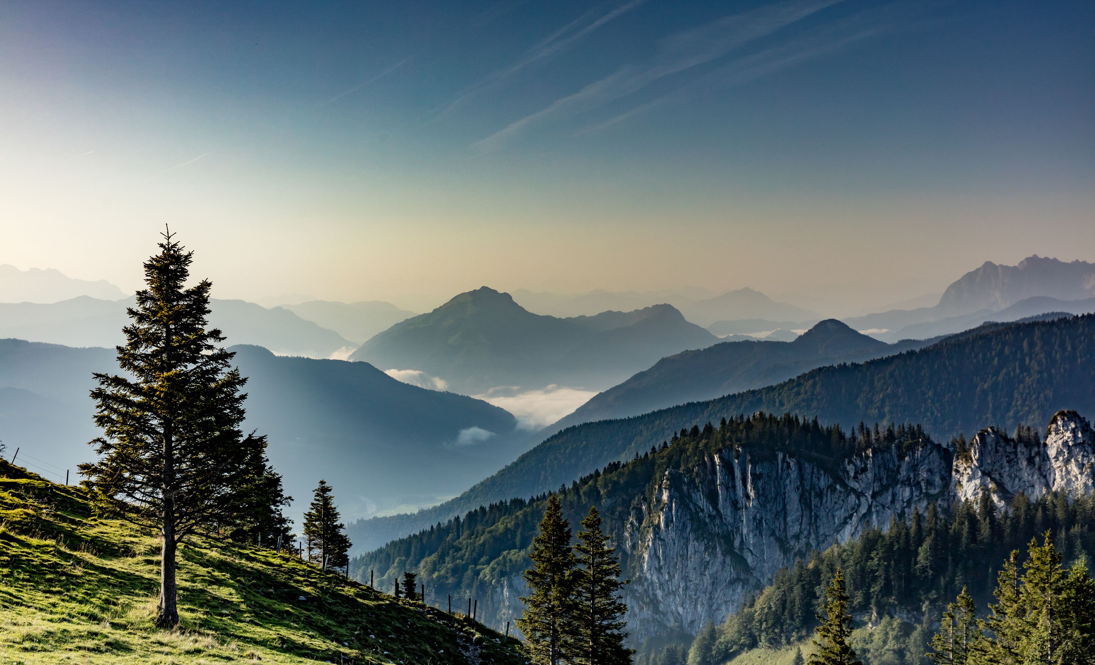 Morgendlicher Panoramablick über die Alpen und Bergwiesen