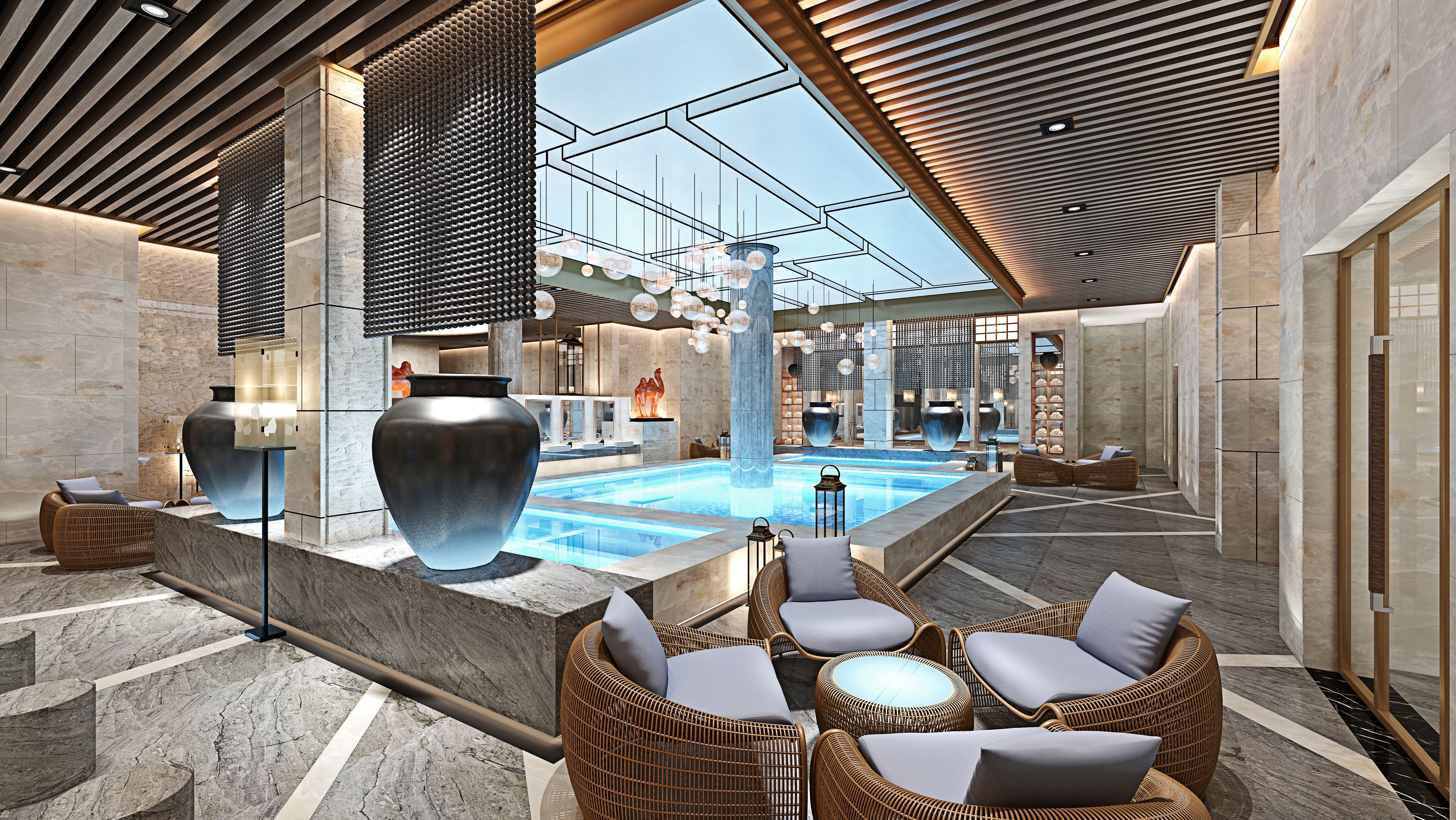 Moderne Hotel Lobby mit Pool und Sitzgelegenheiten